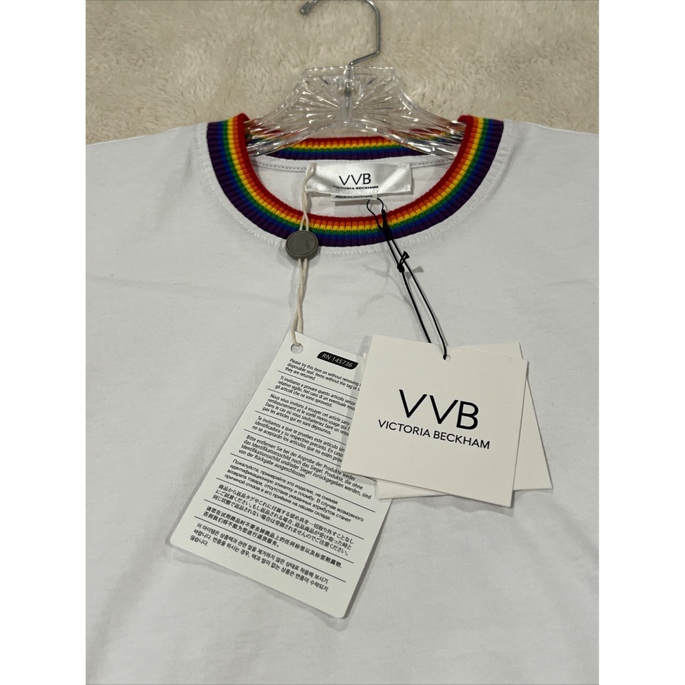 NWT $195 VICTORIA BECKHAM Organic Cotton-jersey T-Shirt Striped Neckline/XS - Picture 6 of 7